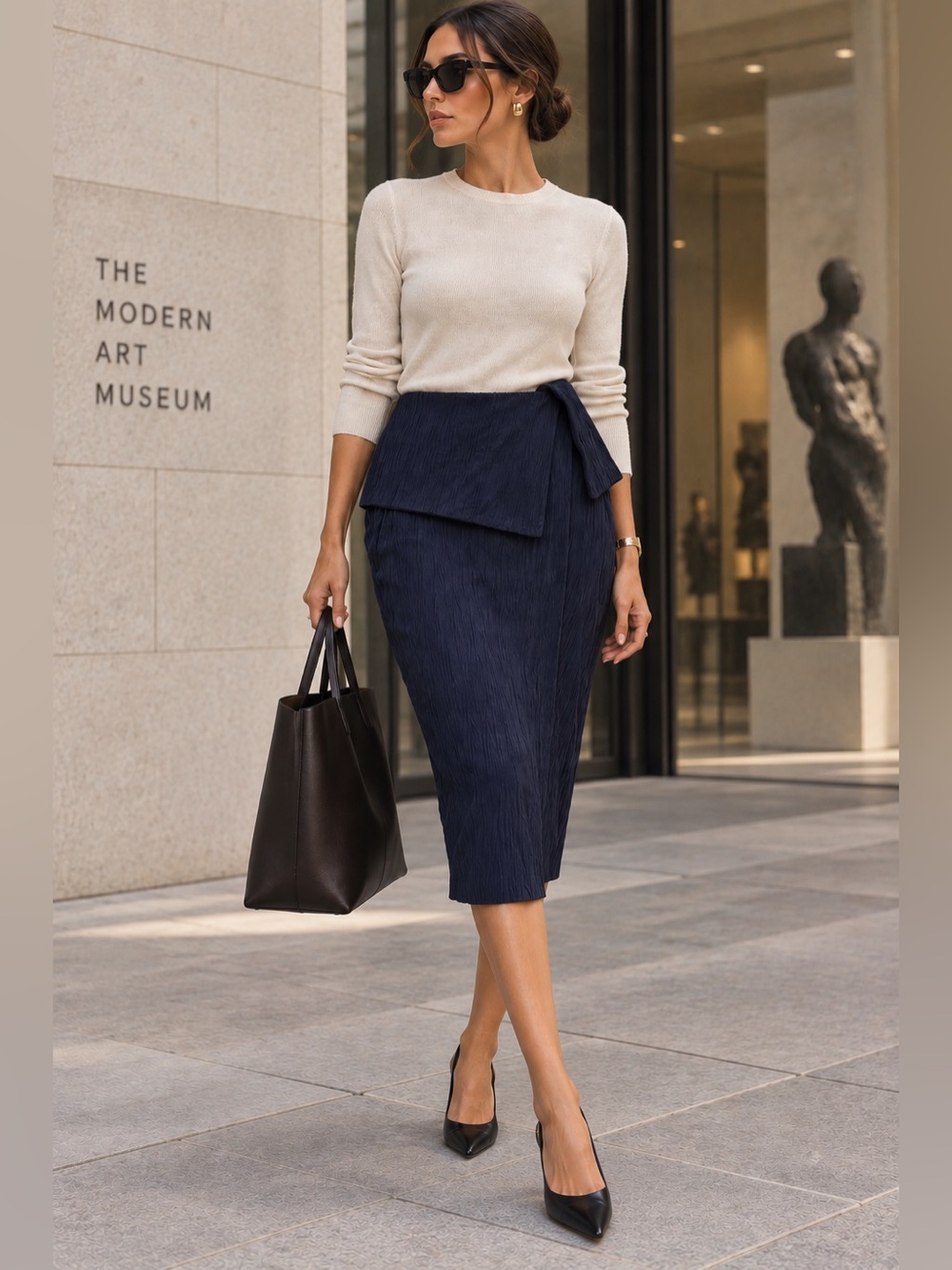 M.M.LaFleur Navy Textured Pencil Midi Skirt Corporate Chic Workwear size 4